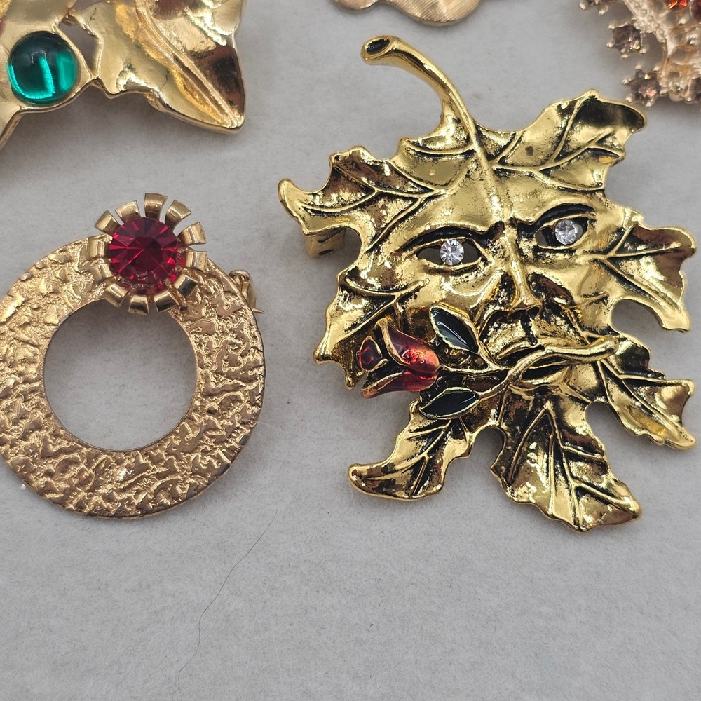 Rhinestone Brooch Lot Gold Tone Leaf Wreath Botanical 5pc Nature - Picture 5 of 10